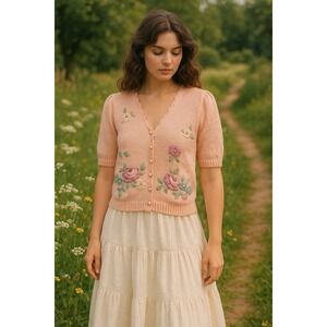 Vtg Maryelle Embroidered‎ Pink Floral Cardigan Pearl Buttons Size L Cottagecore